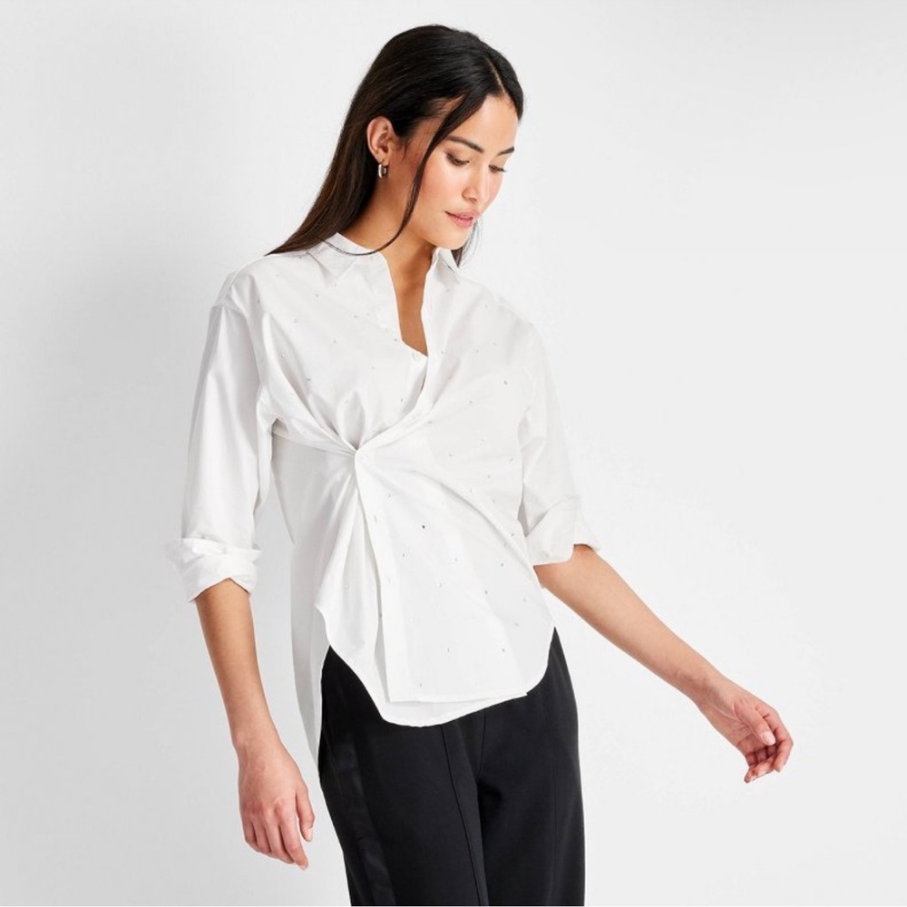 Women's Long Sleeve Collared Embellished Asymmetrical Button-Down Shirt M